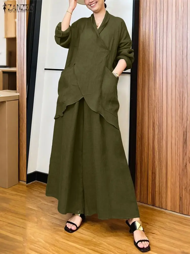 

Plus Size 5XL ZANZEA Women Pant Sets Autumn Long Sleeve Pocket Blouse Wide Leg Pants Fashion 2 Piece Outfits Casual Vintage 2PCS
