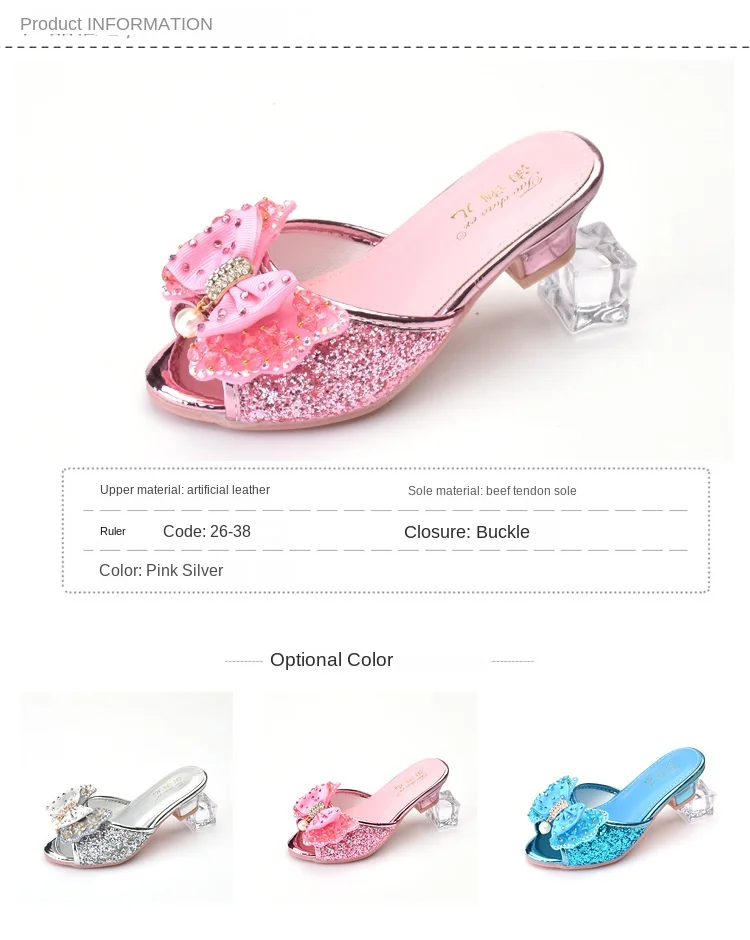 Girls High-heeled Sandal Slippers Children\'s Slippers Bow Pearl Kids Crystal Drill Princess Wedding Party Performance Slippers