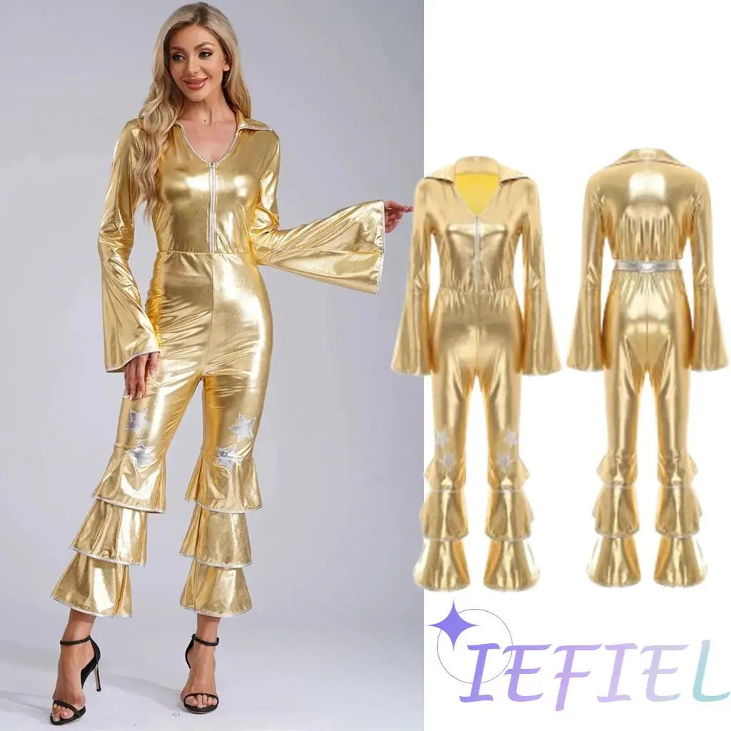 

Women Flared Jumpsuit Bar Nightclub Disco Costume Sparkle Retro Cosplay Prom Party Costume 70s 80s Disco Outfit One Piece