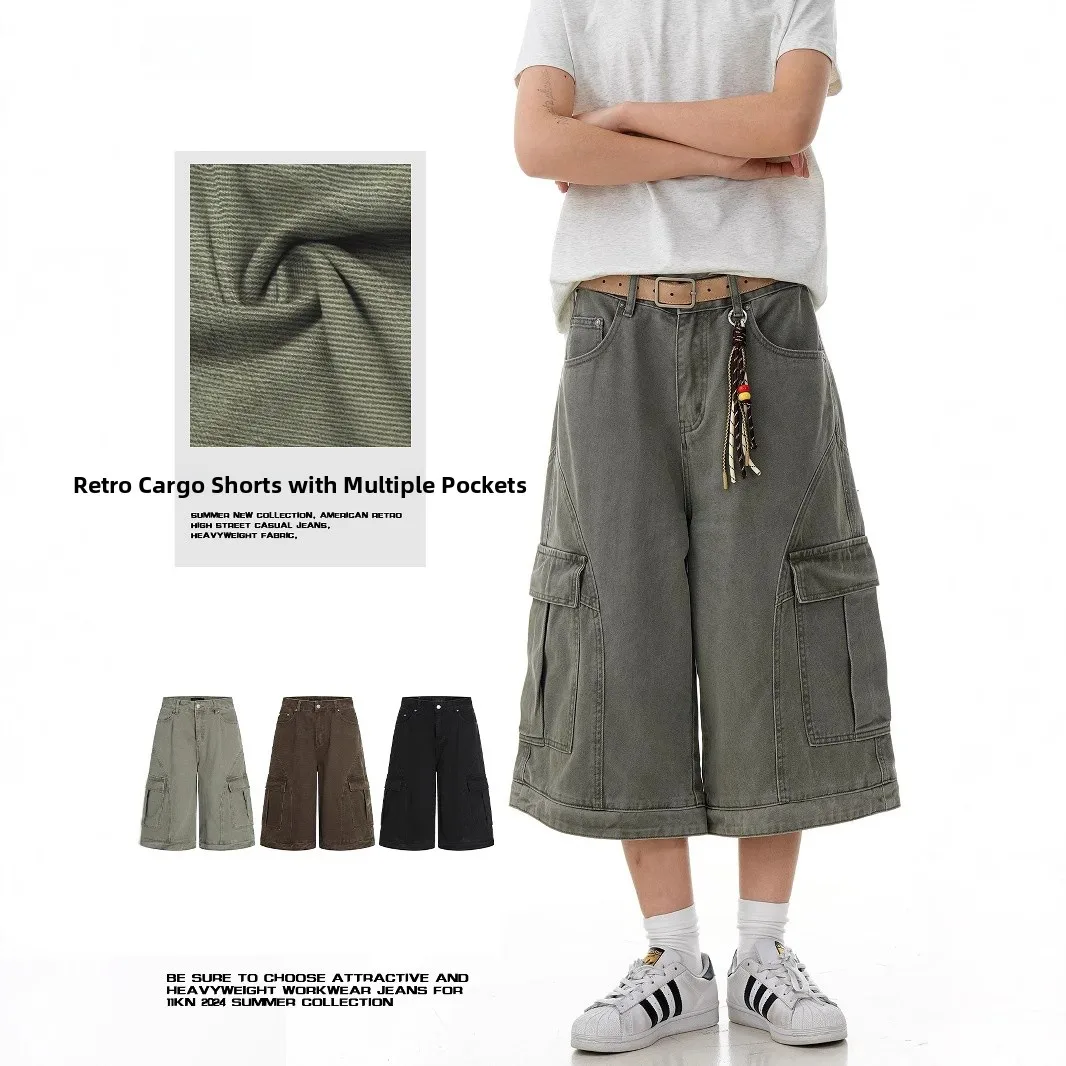 

Ретро-брюки-карго с деконструированным дизайном, укороченные, летние, модные, прямые, свободные, унисекс, широкие штанины, в стиле рабочей одежды