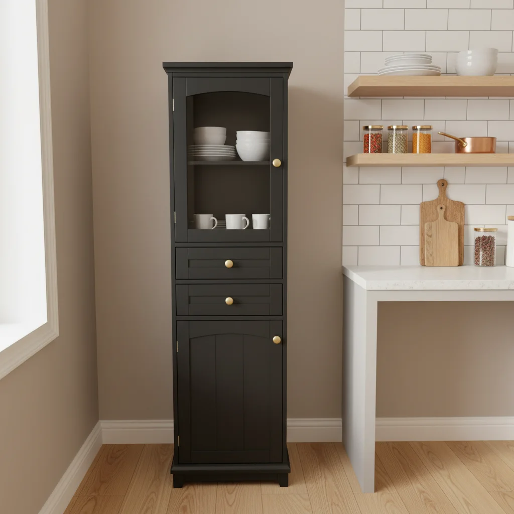 xx-Modern Wood Tall Sideboard with 2 Drawer 2 Glass Door 2 Shelves Large Storage Kitchen Wood Display Cabinet for Dining Room^