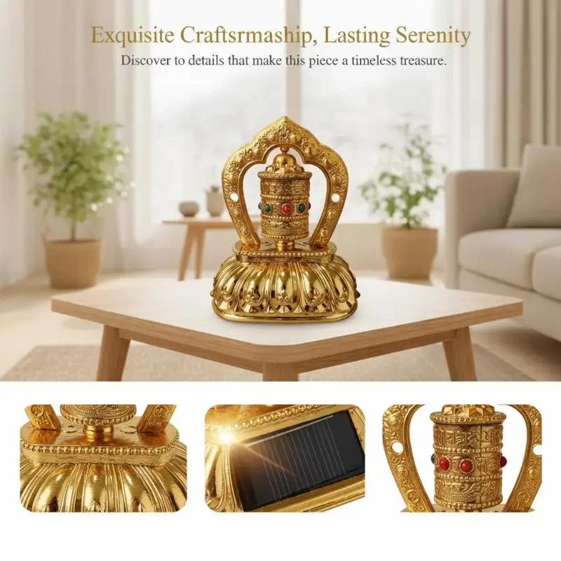Handcrafted Solar Prayer Wheel Car Dashboard Ornament Auto Rotating Spiritual Decor for  Vehicle Owners