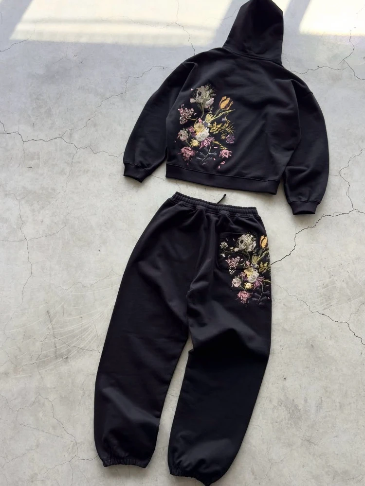 ديبتاون رمادي عتيق زهر البرقوق التطريز المرأة رجل هوديس Harajuku أسود الركض بنطال ذو قصة أرجل واسعة المتضخم الهيب هوب الشارع