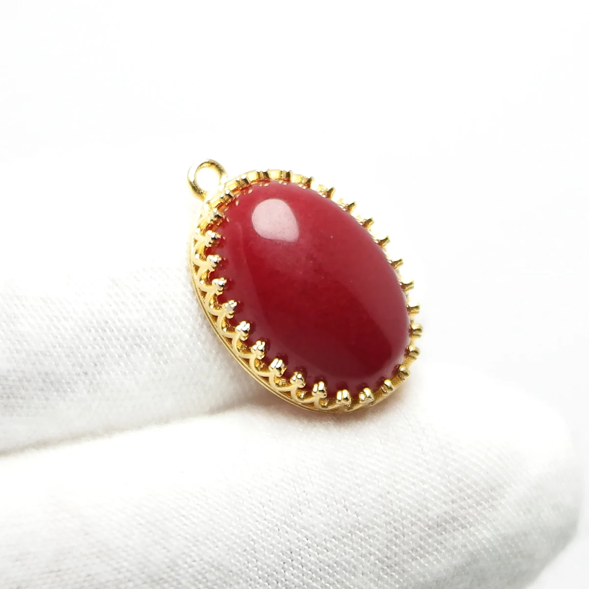 Crown Pendant,Red Cabochon Stone Inlaid,24K Gold Color Plated Brass Charms,Necklace Findings,Oval Faceted Stone Charms