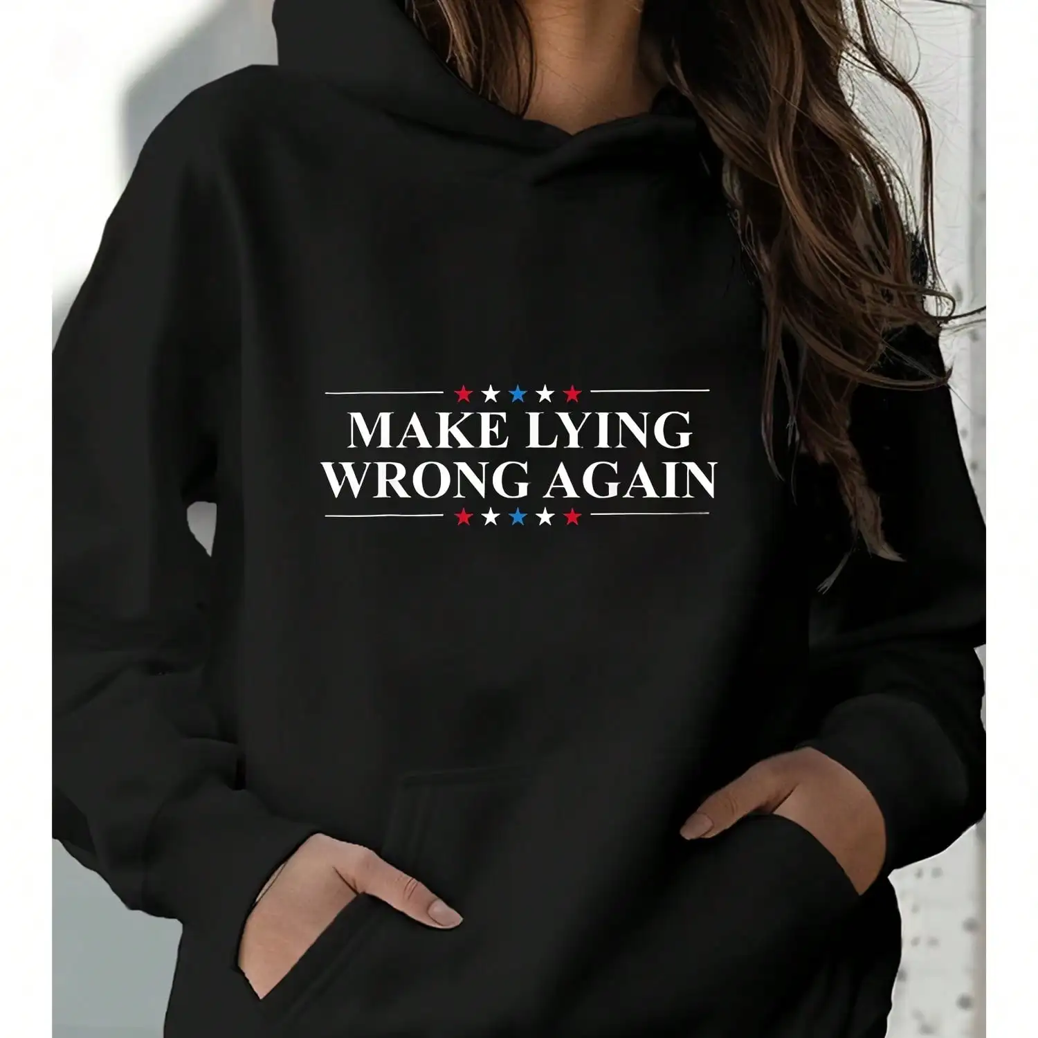 

Make Lying Wrong Again Women's Casual Hoodie , Long Sleeve, Geometric & Letter Design
