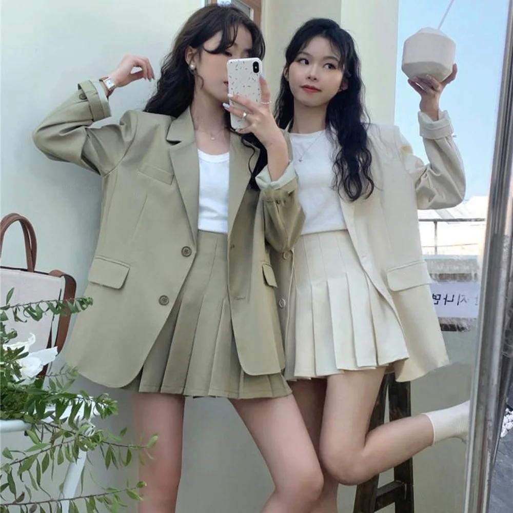 Women\'s Spring Blazer 2 Two Pieces Sets Korea Style Single Breasted Jacket Top & High Waist Mini Pleated Skirts Suits