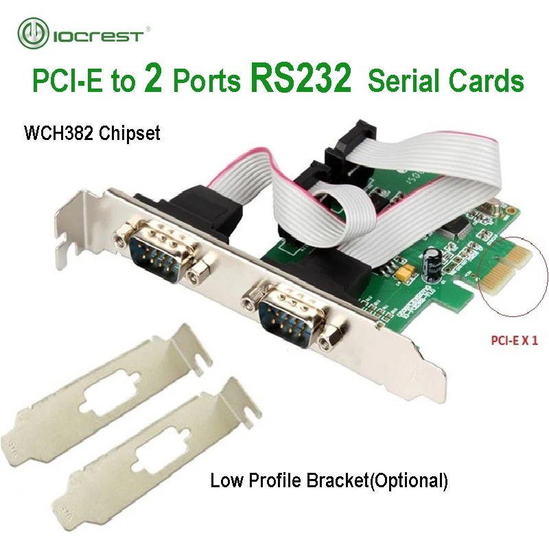 

Карта контроллера IOCREST PCI Express, 2 порта, последовательный RS232 Com db9, чип PCI-e 1,0x1 WCH382 с низкопрофильным кронштейном