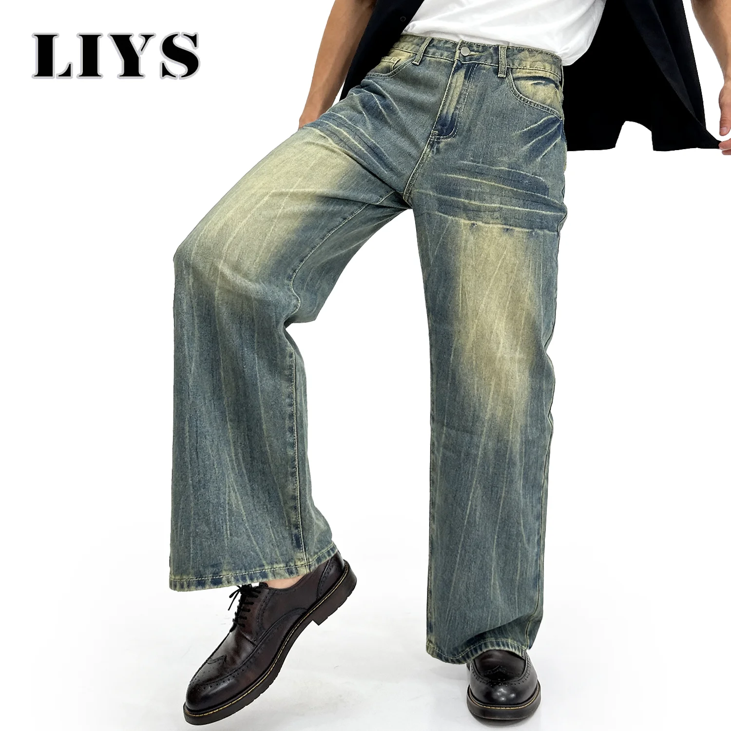 Amerikaanse retro blauwe losse jeans voor heren, Koreaanse straattrend, supercoole denimbroek, unisex, dagelijks, casual, wijde jeans met rechte pijpen