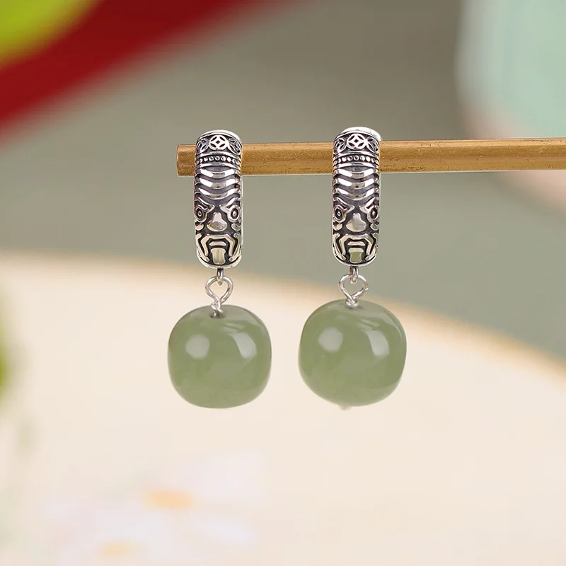 Hetian S925 Sterling Zaki Ram Bead Jade New Silver Earrings