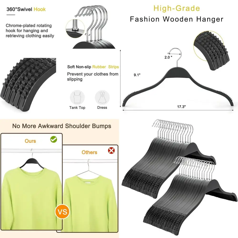 

30-Pack Premium Wooden Hangers with Soft Rubber Grips for Various Clothing Types