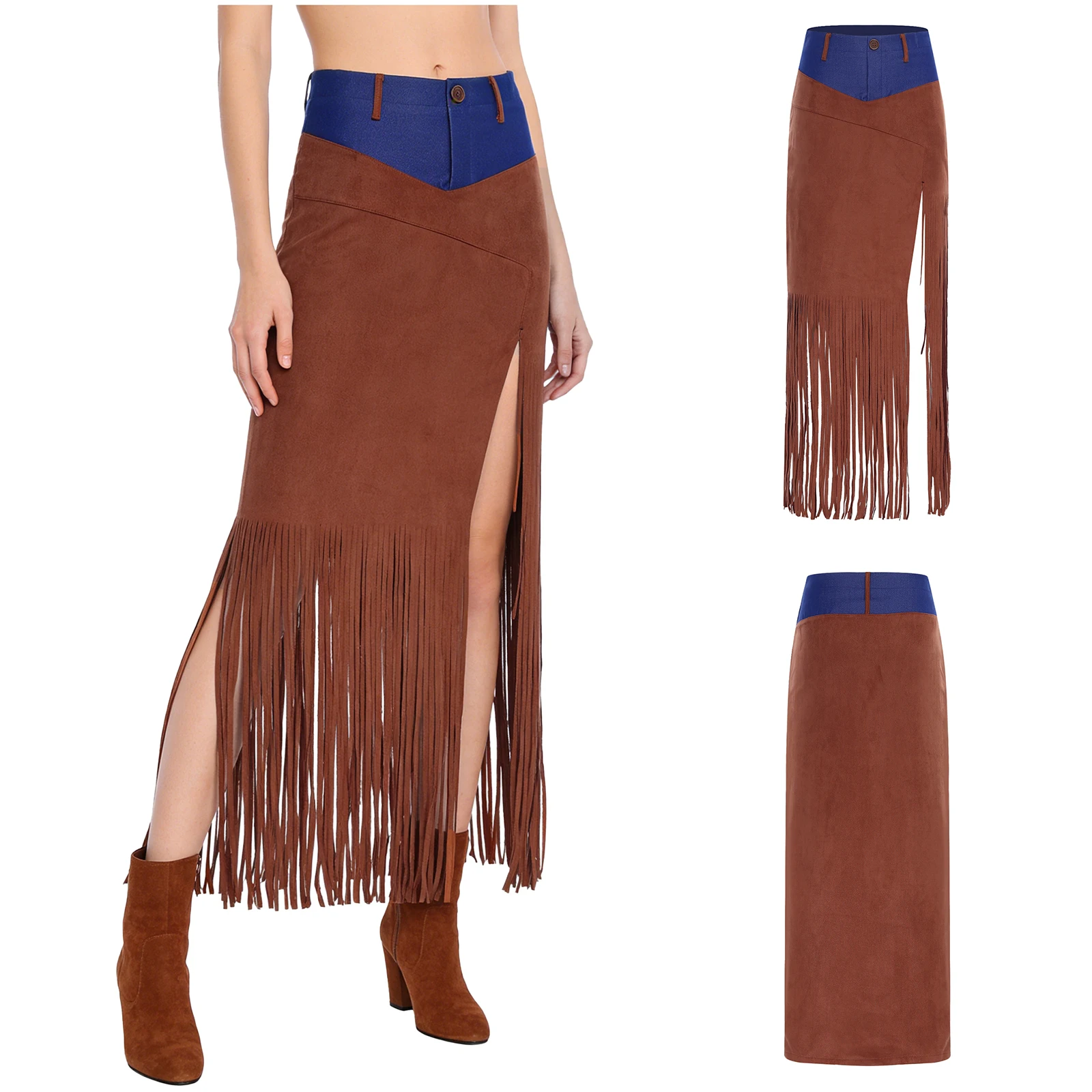 Frauen Cowgirl Quaste Faux Wildleder Midi Röcke Patchwork Fransen Seitensplit Langer Rock für Jazz Musik Festival Raves Party Kleidung