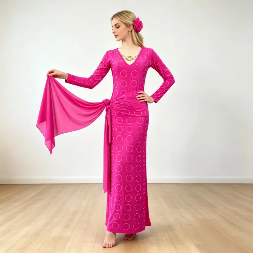 Women Baladi Belly Dance Costume Oriental Folk Dance Fitted Robe With Headscarf And Hip Scarf Competition Group Custom Performan