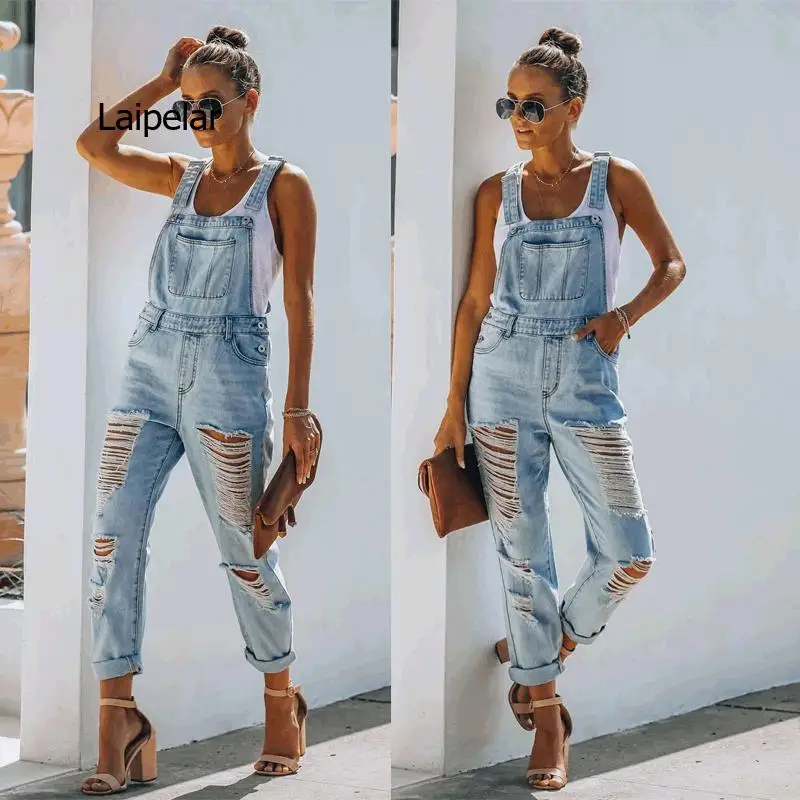 Women's Ripped Denim Jumpsuit Light Color Temperament Pocket Commuter Cotton Denim Ordinary Mid Waist Blue Strap Jeans Trousers