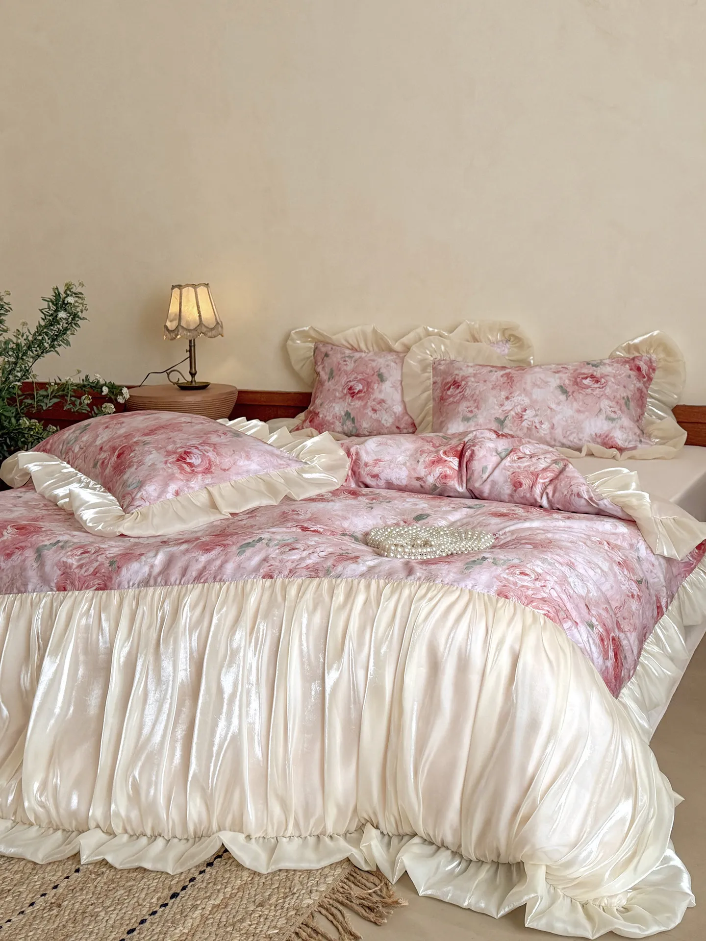 Vintage French Oil Painting Aesthetic 100% Long-staple Cotton Bedding Set – Princess Cotton Soft Sheets with Organza Lace Trim