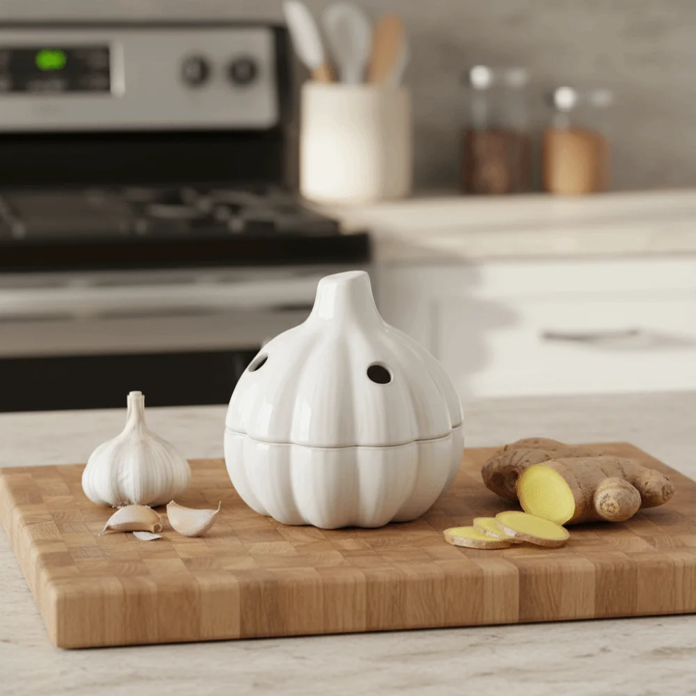 Ceramic Ginger and Garlic Storage Jar Garlic Shaped with Lid Ginger Storage Box Well-ventilated Hollow Dried Chili Storage Can