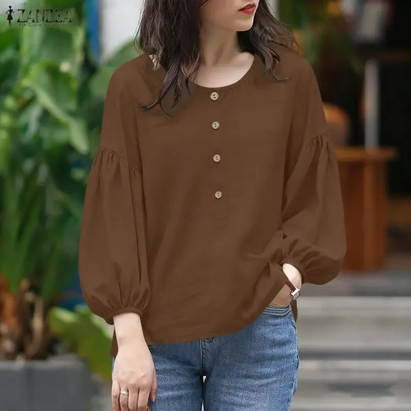 

ZANZEA 2026 Autumn Spring Women Tops Elegant 3/4 Lantern Sleeve Blouse Female O Neck Buttons Dwn Shirts Casual Solid Work Shirt