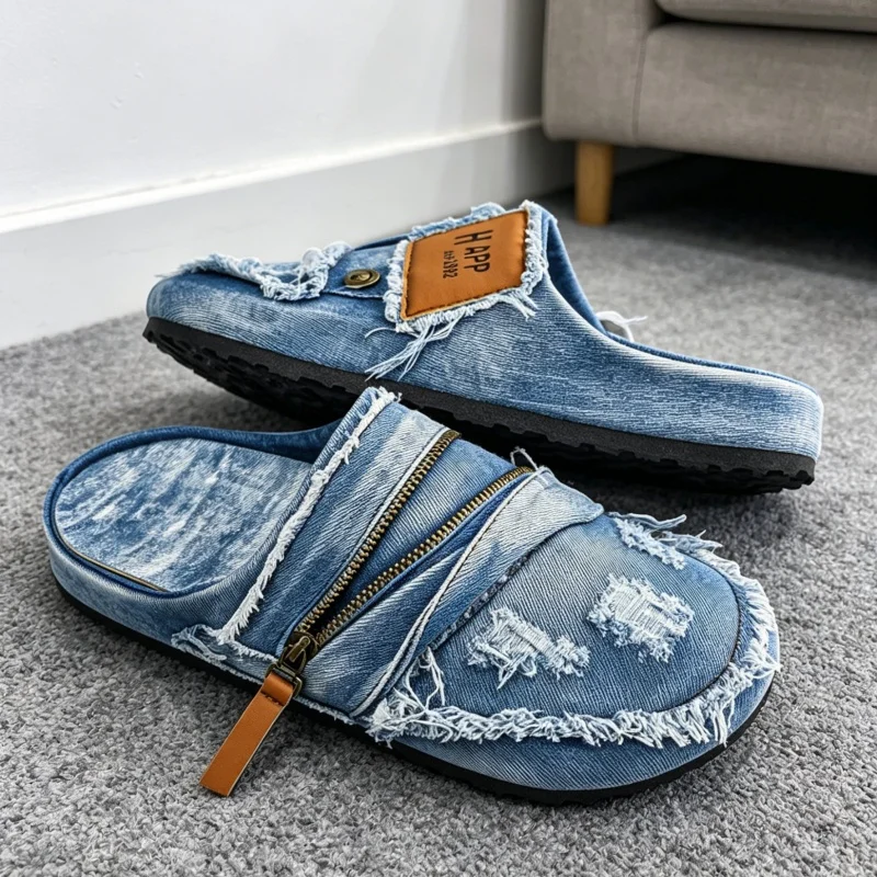 Washed Denim Metal Toe Flat Heel Women's Slip-On Shoe Vintage Style Casual Wear Breathable Rubber Sole Comfortable All-Day Wear