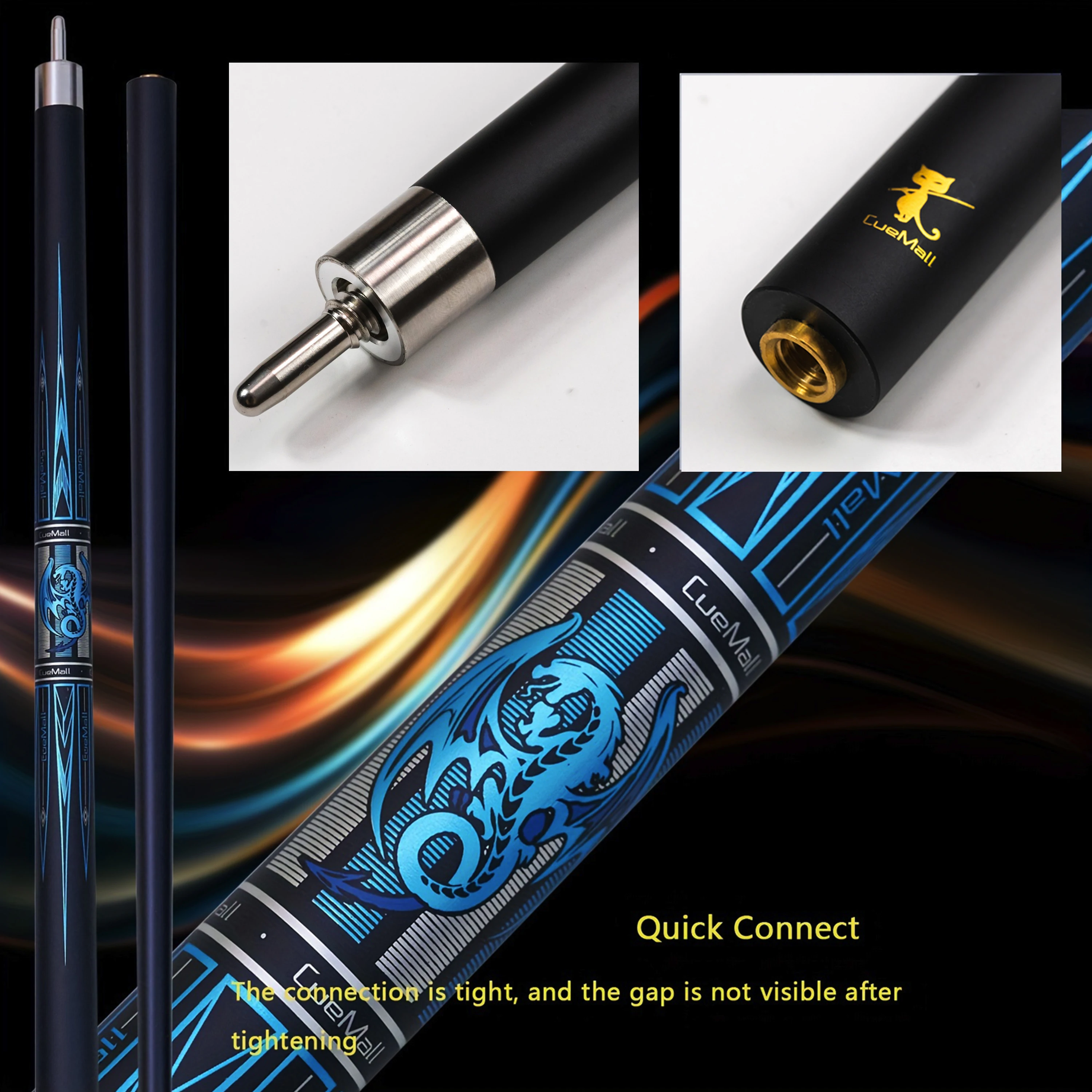 58 Zoll Glasfaser-Billardqueue Blaues Drachen-Design 12,5mm Mehrschichtige Spitze Geringe Abweichung Schnellverschluss – Detail 3