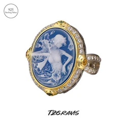 TZgrams Goddess Cameo Ring for Female 925 Sterling Silver Two Tone Cocktail Ring Natural Blue Agate White Shell Trending Jewelry