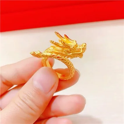 24K pure gold personalized dragon pattern ring real gold AU999 open dragon head mens ring pinky ring real gold jewelry couple