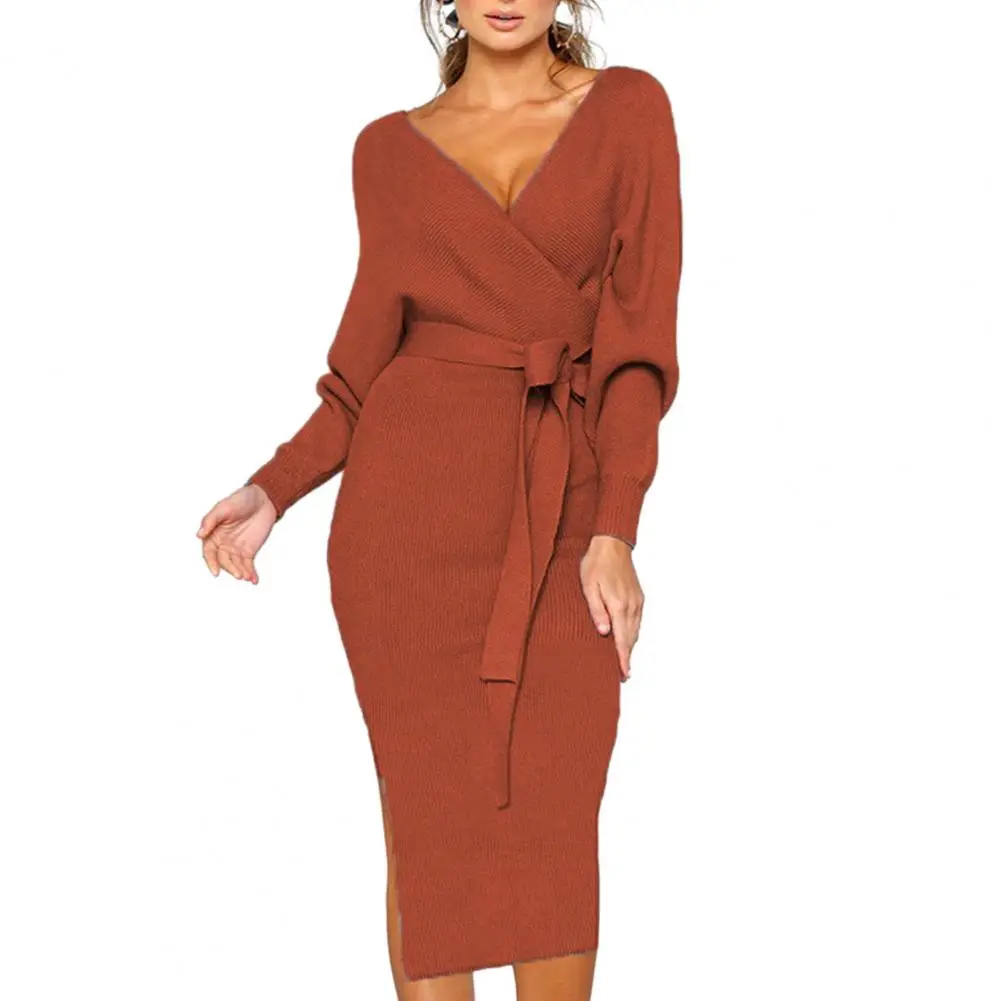 

Women Fall Winter Dress V Neck Lace Up Belted Tight Waist Solid Color Elastic Mid-calf Length Long Sleeve Slim Fit Lady Dress