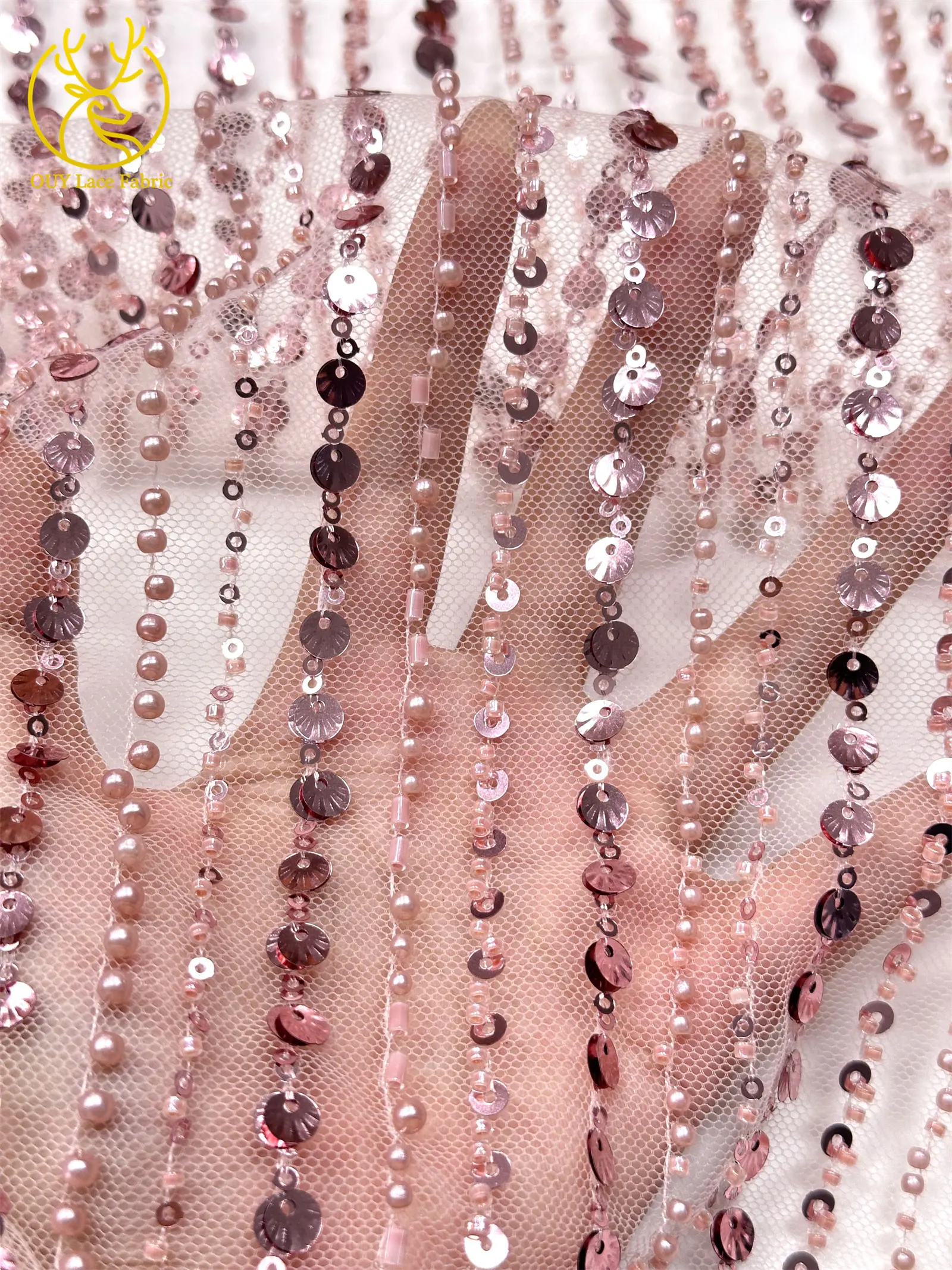 Luxuriöser afrikanischer Perlen-Mesh-Spitzenstoff 2026, französischer nigerianischer Pailletten-Tüll-Spitzenstoff für Damen, Brautkleid, Hochzeitskleid, zum Nähen – Detail 8