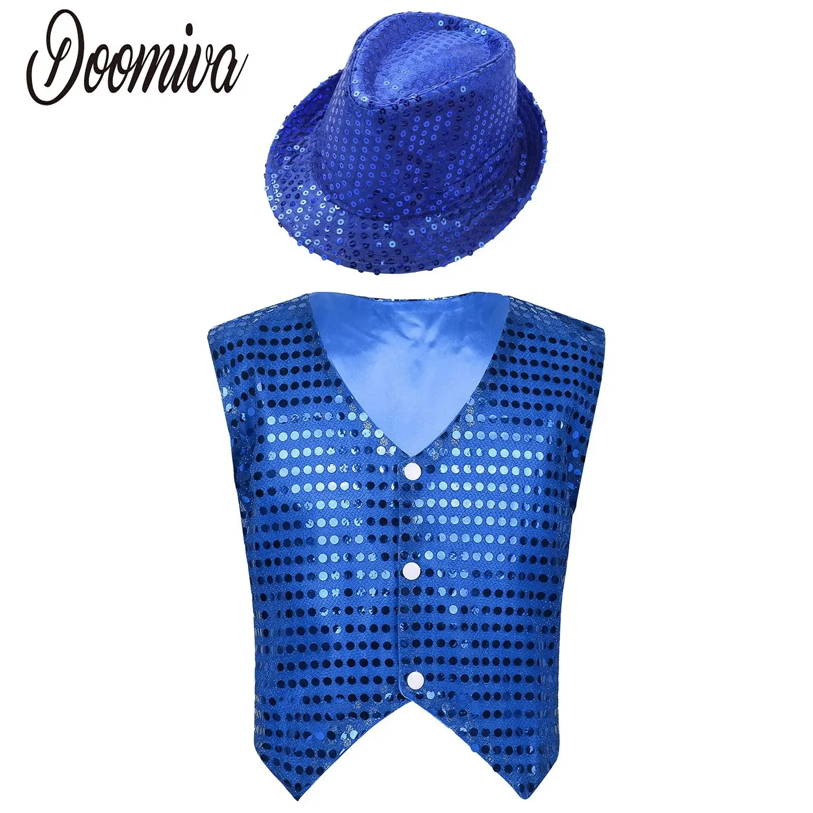 

Boys Shiny Sequined Jazz Latin Ballroom Dance Outfit Disco Party Waistcoat with Hat Set Festival Prom Stage Performance Costume