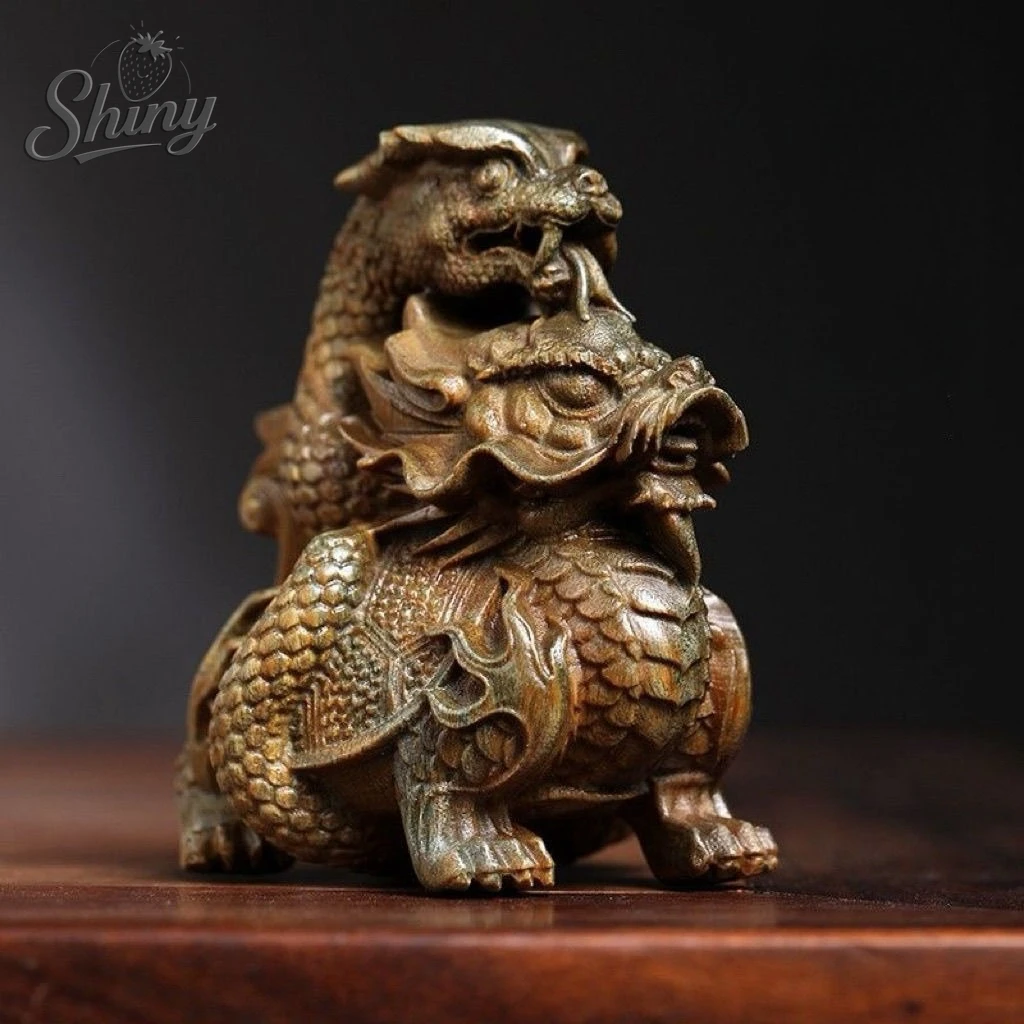 Old Chinese Green Sandalwood Hand Carved Dragon Turtle Figure Statue Fengshui Ornaments Home Desktop Decoration