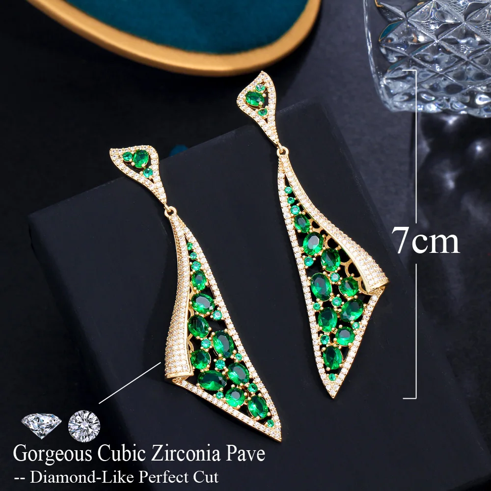 CWWZircons Symmetrical Creative Brazilian Gold Plated Green Cubic Zircon Long Dangle Pageant Earrings for Women Party Wear CZ514