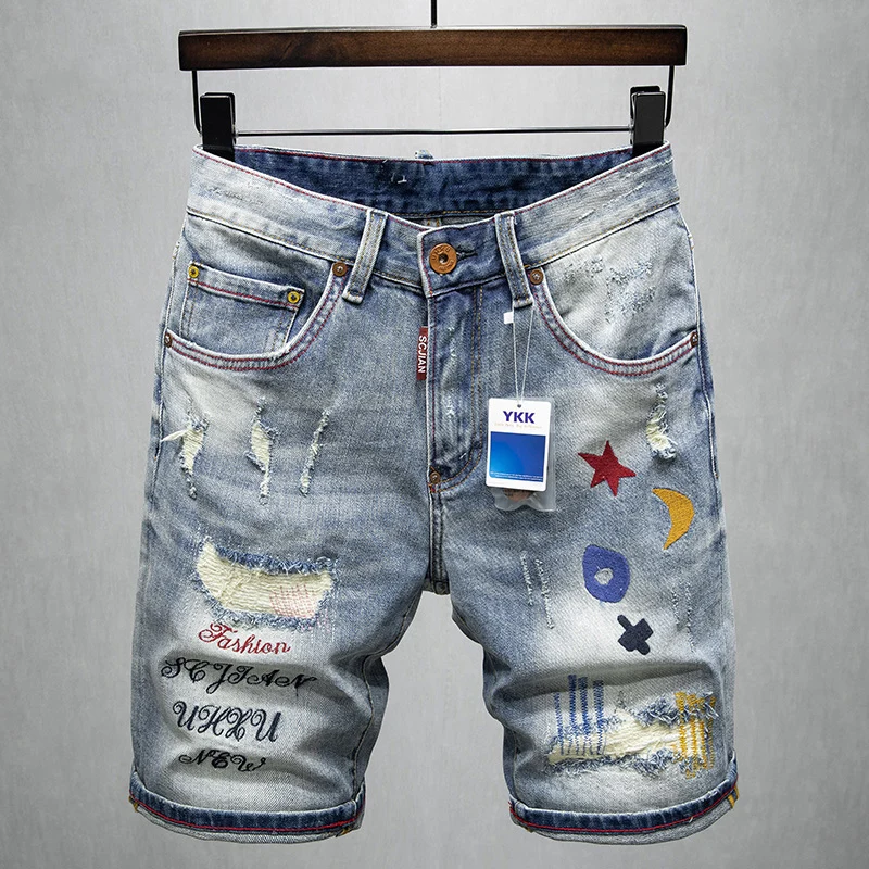 

Summer Fashion Men Jeans Retro Light Blue Elastic Patched Ripped Short Jeans Homme Embroidery Designer Hip Hop Denim Shorts Men