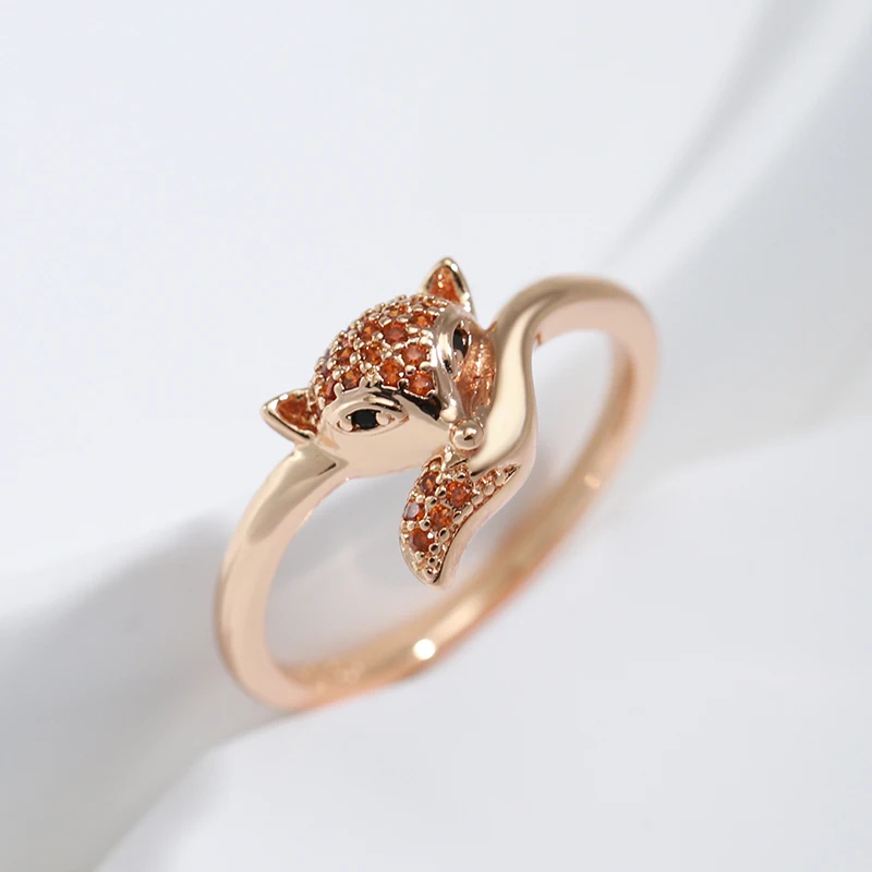 SYOUJYO Cute Red Fox Rings For Women Natural Zircon Paved 585 Rose Golden Animal Luxury Jewelry