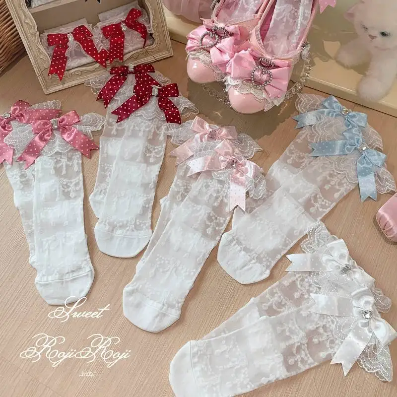 

Lolita Socks Mid-summer Tube Glass Silk Ultra-thin Socks Lolita Harajuku Kawaii White Lace Frill Knee High Socks