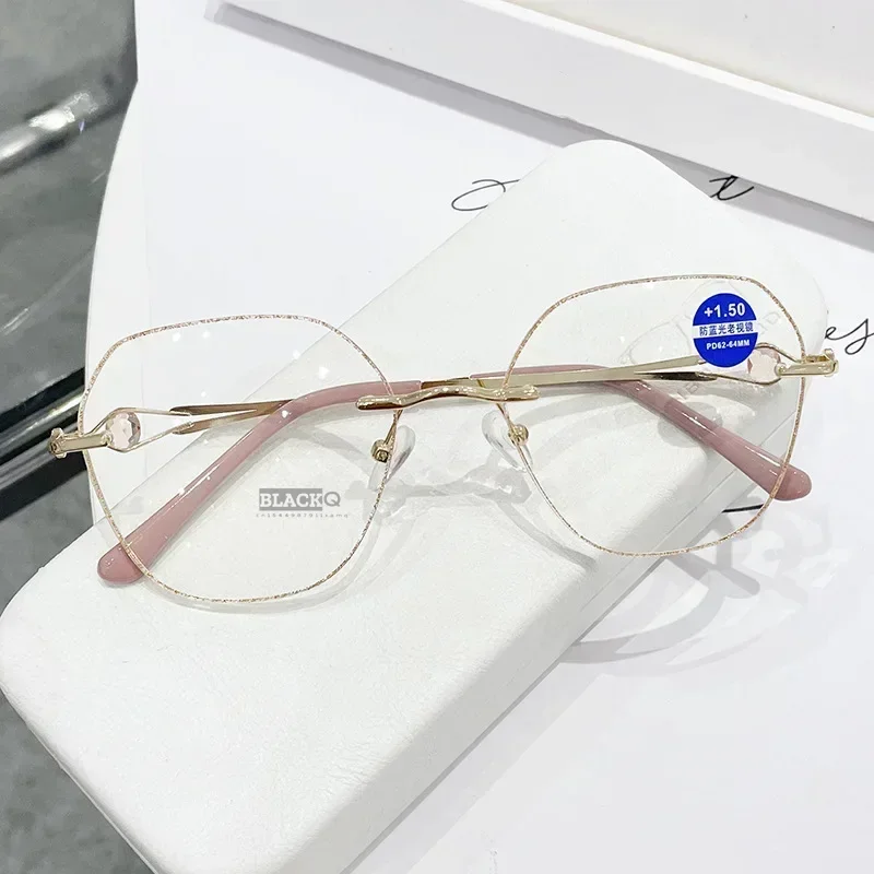 Metal Trimmed Frameless Reading Glasses Women\'s Anti Blue Light Exquisite and Elegant Presbyopia Glasses +1.0 To + 4.0 Oculos