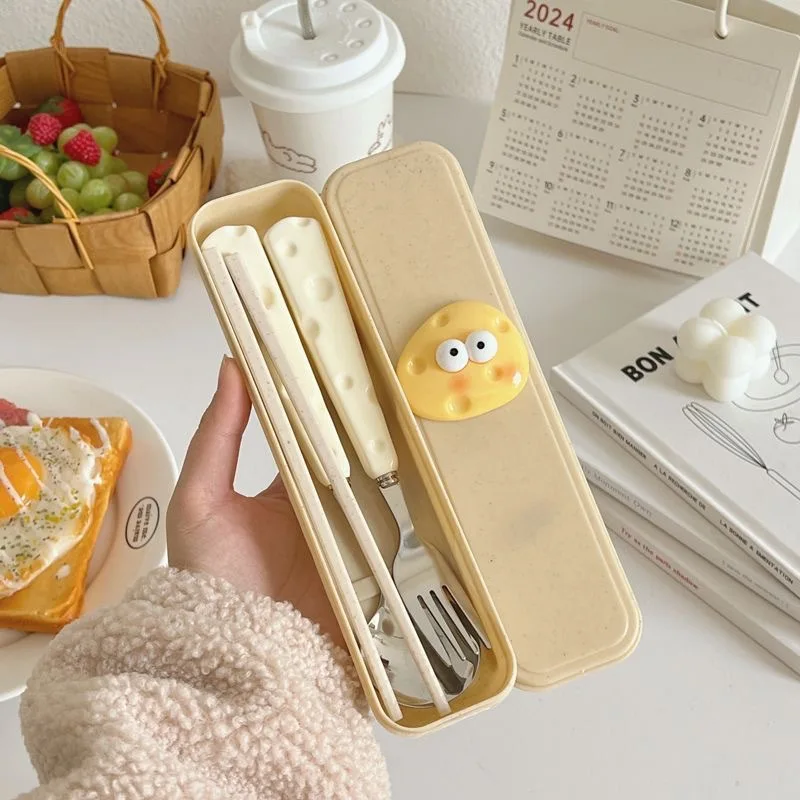 Stainless Steel Cute Cheese Spoon Fork Wheat Chopsticks Three-piece Set Student Children Portable Tableware Storage Box Set