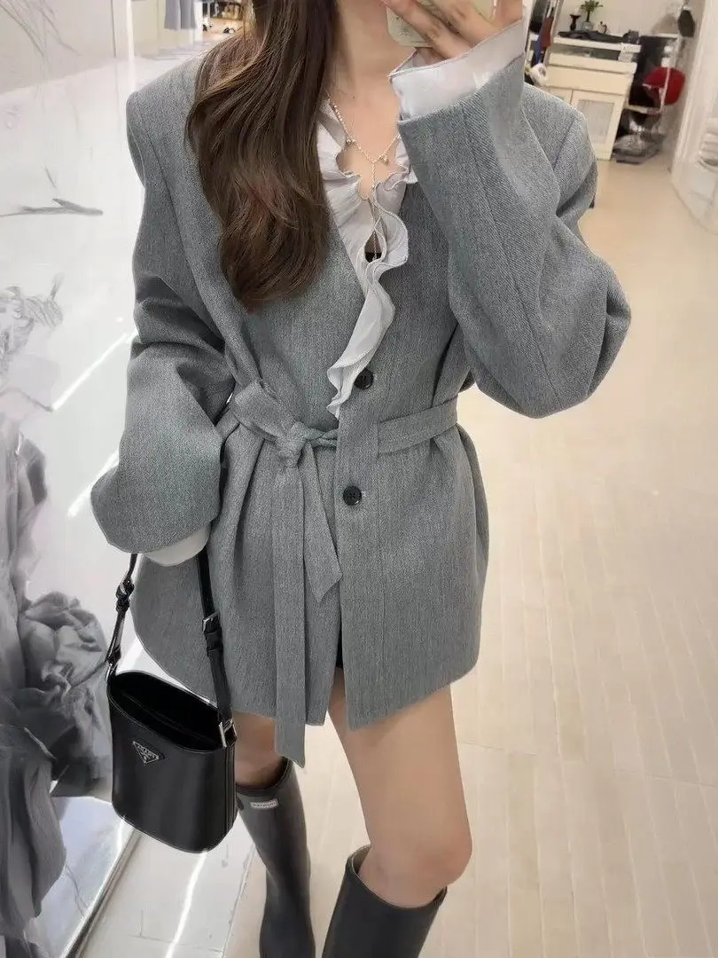 Casual Loose Women's Suit Jacket with Wood Grain  Splicing Design Spring New Style Warm Long Sleeve Pure Color Coat