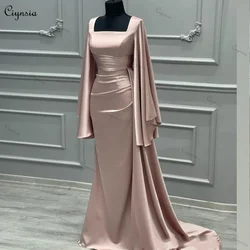 Ciynsia Elegant Dubai Luxury Evening Dresses for Women 2024 Satin Pleated Full Sleeves Formal Prom Gowns Mermaid فساتين السهرة