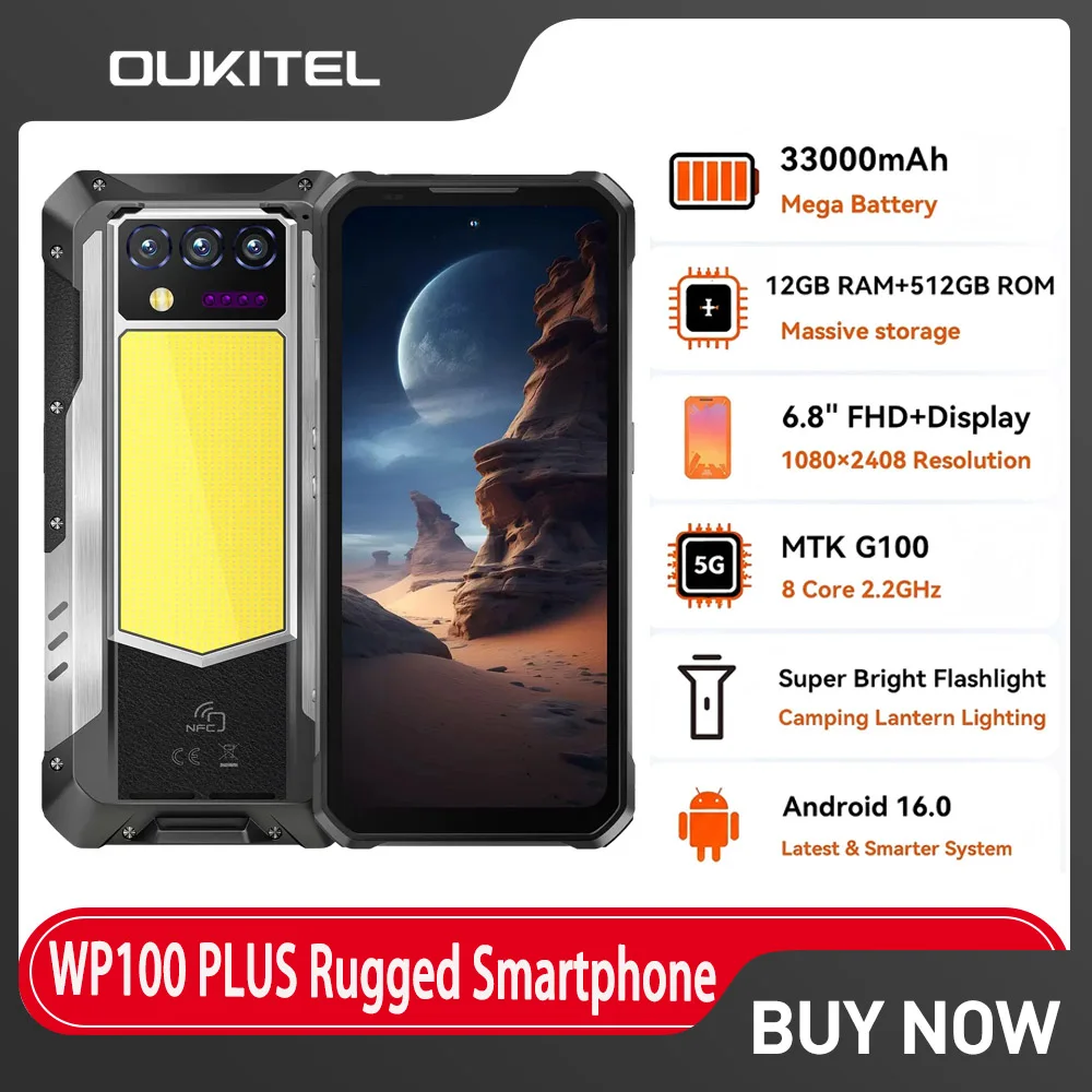OUKITEL WP100 PLUS Rugged Smartphone Android 16 33000mAh Battery Phone 12GB RAM 512GB Storage Helio G100 64MP AI Camera Outdoor