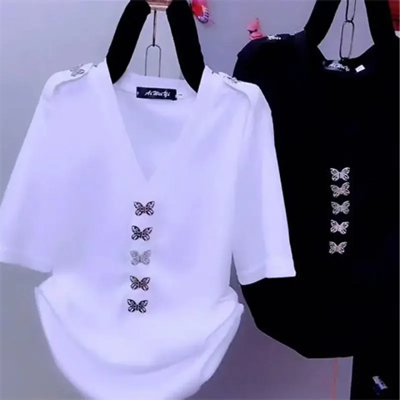 Korean Solid Color T-shirt Butterfly Three-dimensional Decoration Female Summer Elegant V-Neck Sexy Backless Pullovers Z254