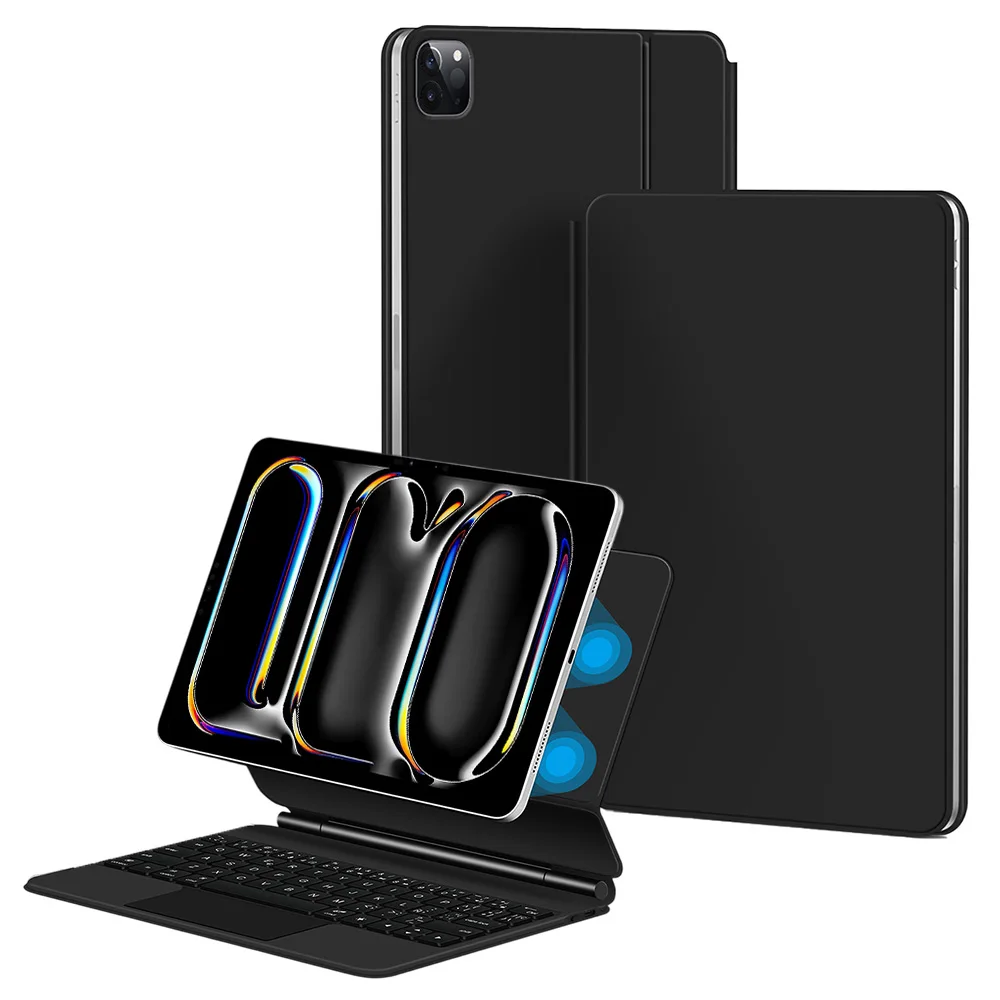 

For iPad Pro 11 (2024) Magnetic Floating Bluetooth-Compatible Keyboard (Spanish) + Leather Tablet Case - Black