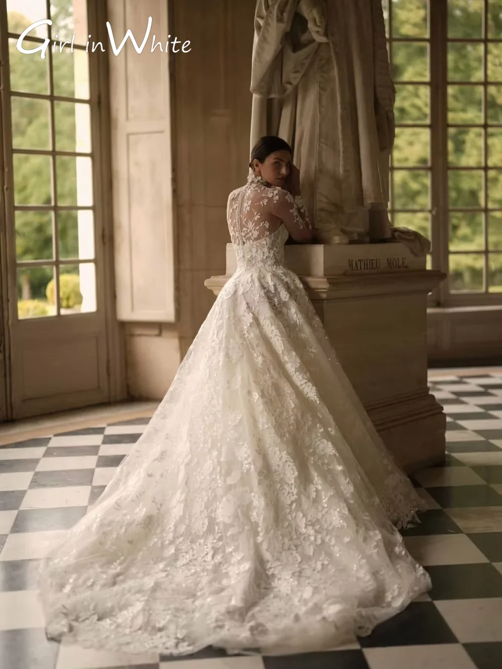 A-line Long Wedding Dress With Detachable Jacket High Neck Lace Appliques Customized Long Sleeves Wedding Dress Bridal Gown 2025