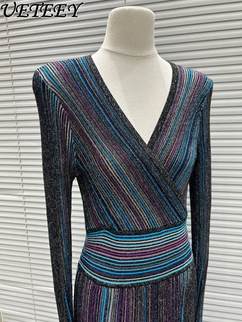 Spring Autumn New Temperament Striped Silver Thread Contrasting Colors Dress Slimming Long Sleeve V-neck Knitted Pleated Dresses