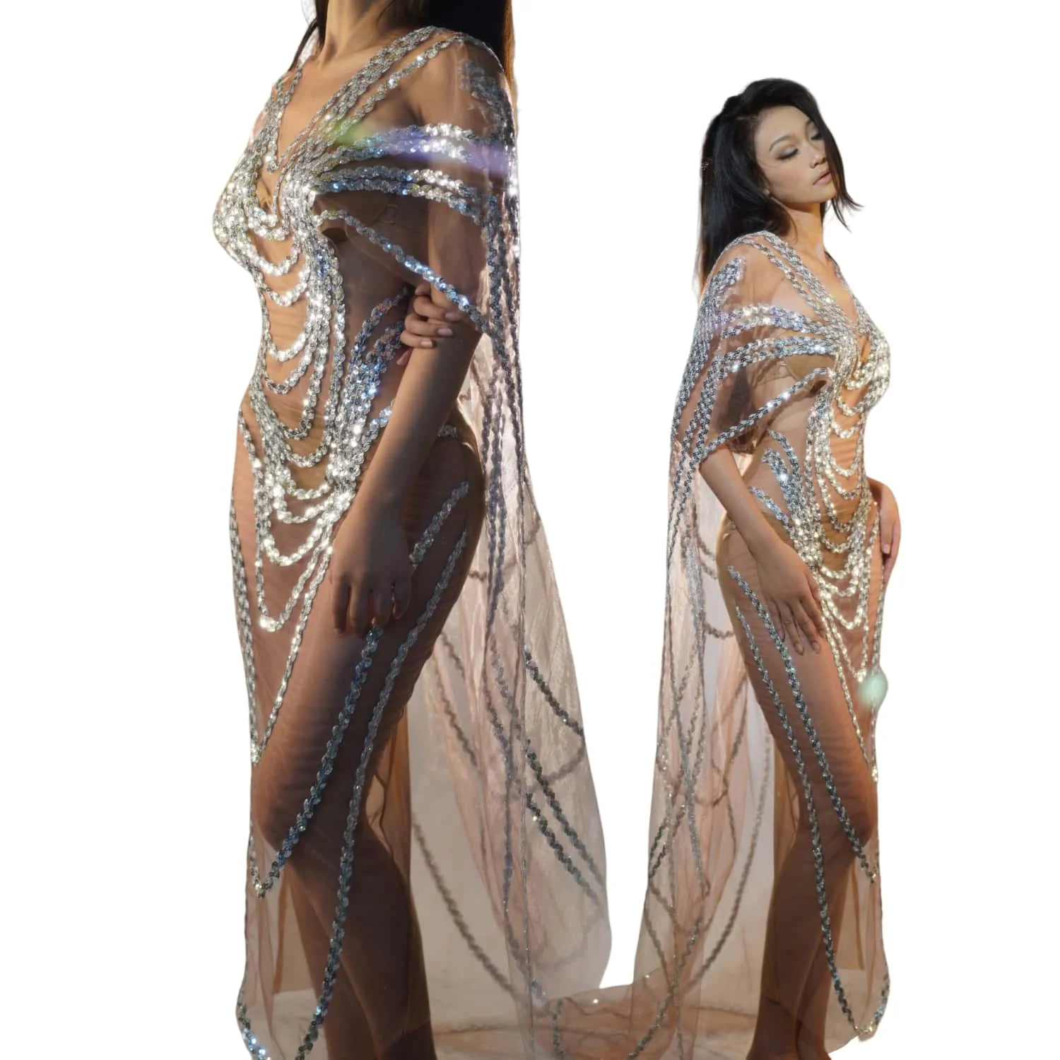 Vestido largo de lentejuelas plateadas para fiesta de cumpleaños, traje de malla transparente para Rave, ropa de escenario para mujer, Fengshui