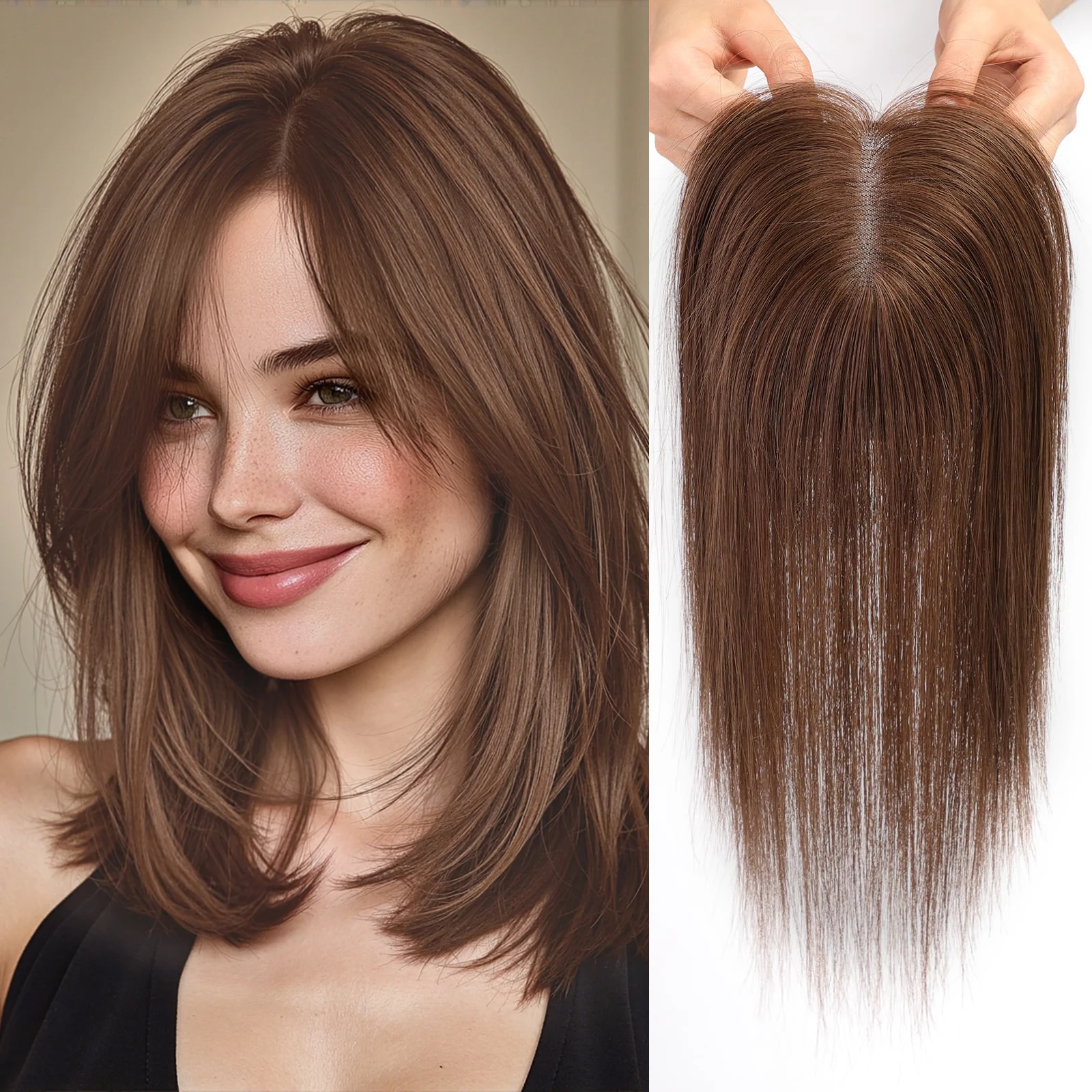 Rambut Palsu Cokelat Tua 100% Remy Human Hair Topper Belahan Tengah untuk Wanita Rambut Rontok Basis Sutra Lace 3 Jepit Rambut di Atas Kepala