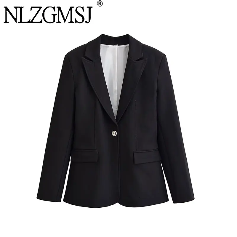 

NLZGMSJ 2026 Весенний шикарный женский блейзер, однотонный, с вырезом, на одной пуговице, с карманами, с длинными рукавами, модный офисный блейзер для женщин