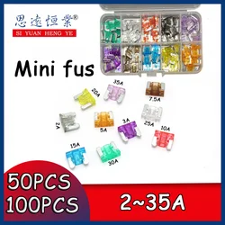 100/50Pcs/box  Mini Car Fuses Automotive Blade Type Micro Fuse Assortment In Box 2A/3A/5/A/7.5A/10A/15A/20A/25A/30A/35A