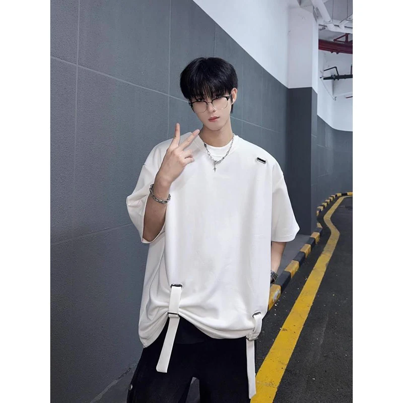 2024 summer Belt adjustable men short sleeve o neck t shirts teenagers high street fashion Simple oversized clothing black white