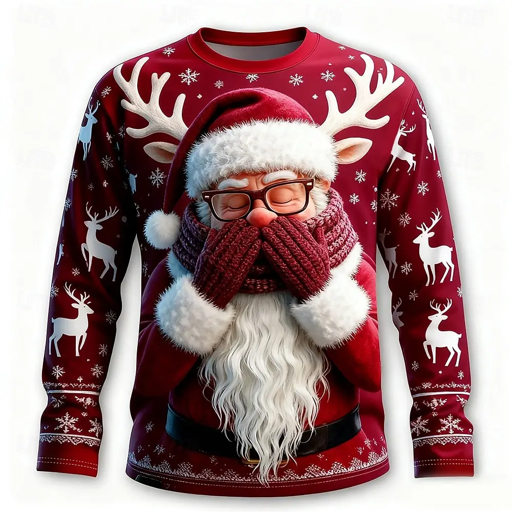 

Funny Santa Clause Graphic Men's T-Shirts Fashion Christmas Style Long Sleeve Round Neck Pullovers Festival Family Party Clothes