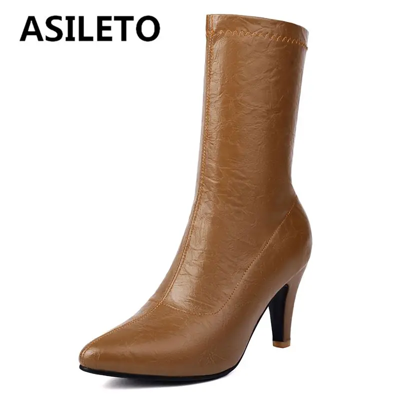 ASILETO Luxury Women Stretch Boots Sexy Dating Party Female Bota Pointed Toe Thin High Heels 8.5cm Slip On Plus Size Brown Black