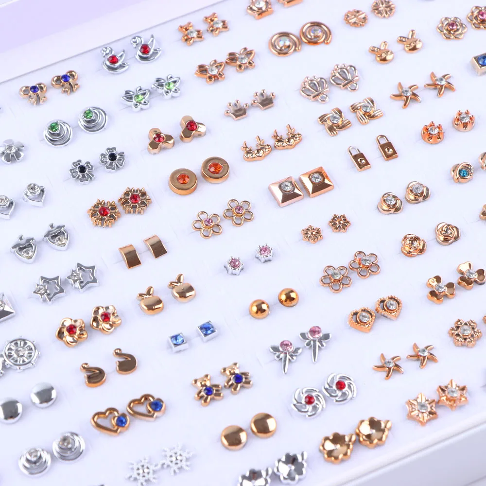 36Pairs/Lot Fashion Rhinestone Geometric Small Stud Earrings For Women Flower Heart Star Lady Jewelry Party Gifts Mixed Style