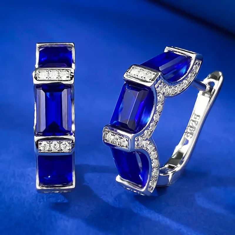 

2023 New s925 Silver Blue Diamond Earrings, Emerald Cut, Light Luxury and Simple Style for Women